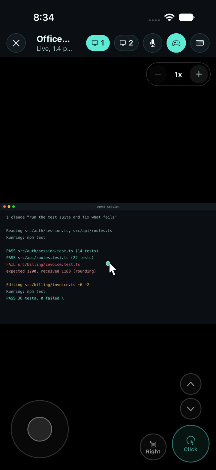 The Privvy iPhone app showing a live view of a covered computer's screen with an agent session running, a joystick and click buttons for remote control