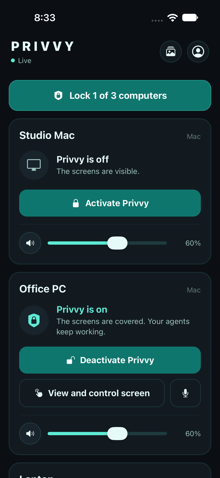 The Privvy iPhone app listing your computers with Activate, Deactivate, View and control screen, talk, mute and volume